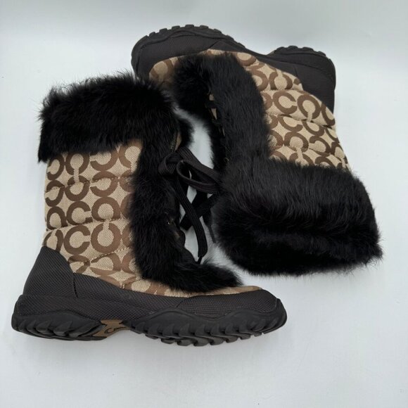 Coach Jennie Black Rabbit Fur Lace-Up Lined Brown Logo Winter Boots Womens US si - Picture 1 of 12